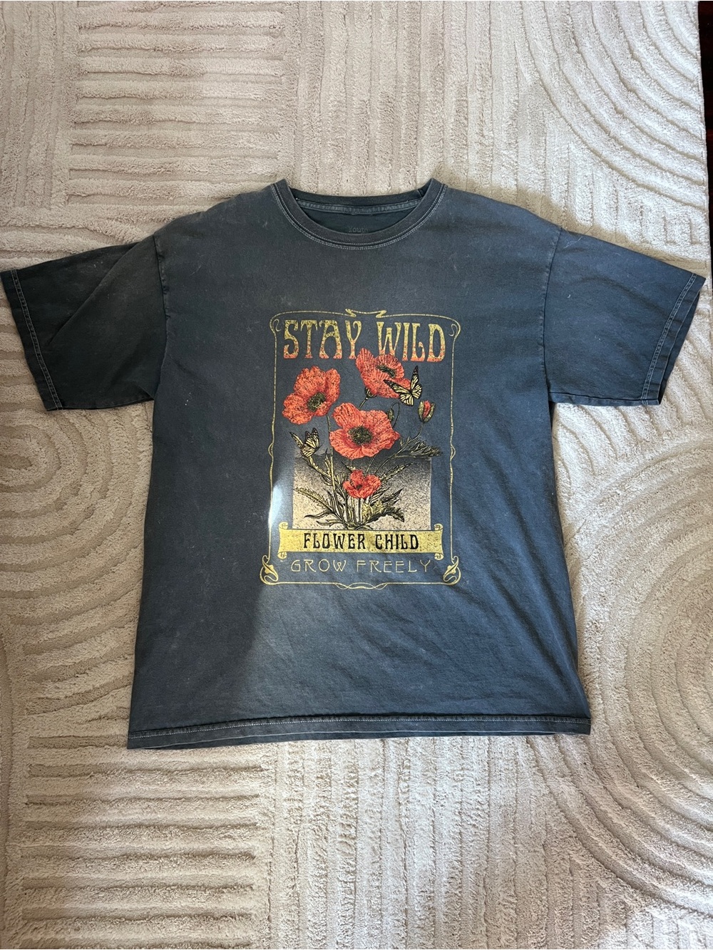 Stay Wild Flower Child Graphic Tee in Black with Red Poppy Print
